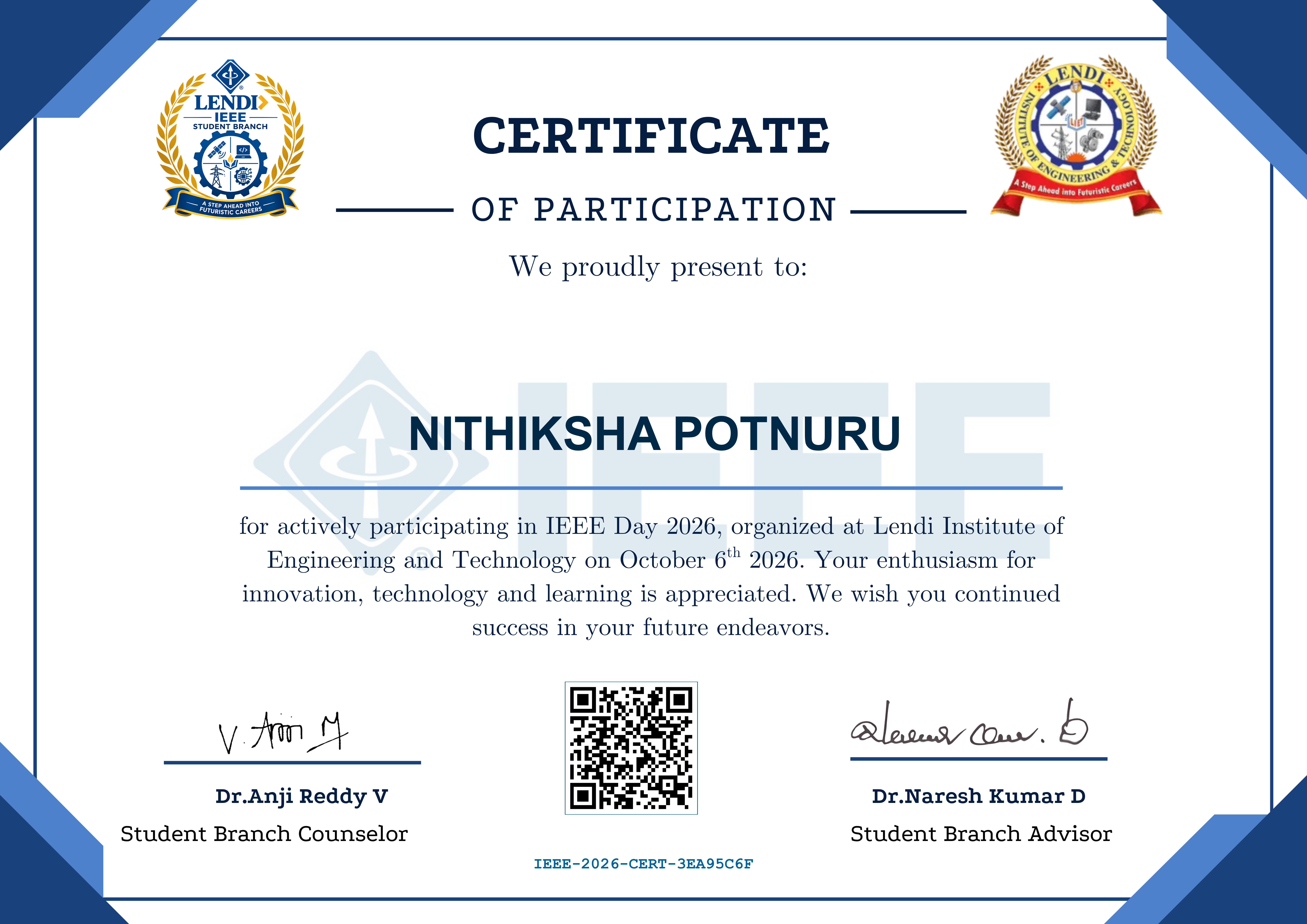 Official Certificate for Nithiksha Potnuru